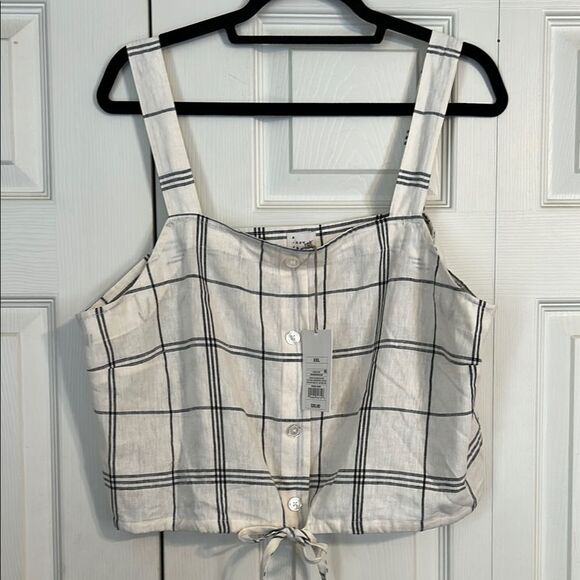 A NEW DAY NWT Linen Blend Cropped Tank Windowpane Button Front Tie Hem XXL - Picture 1 of 8